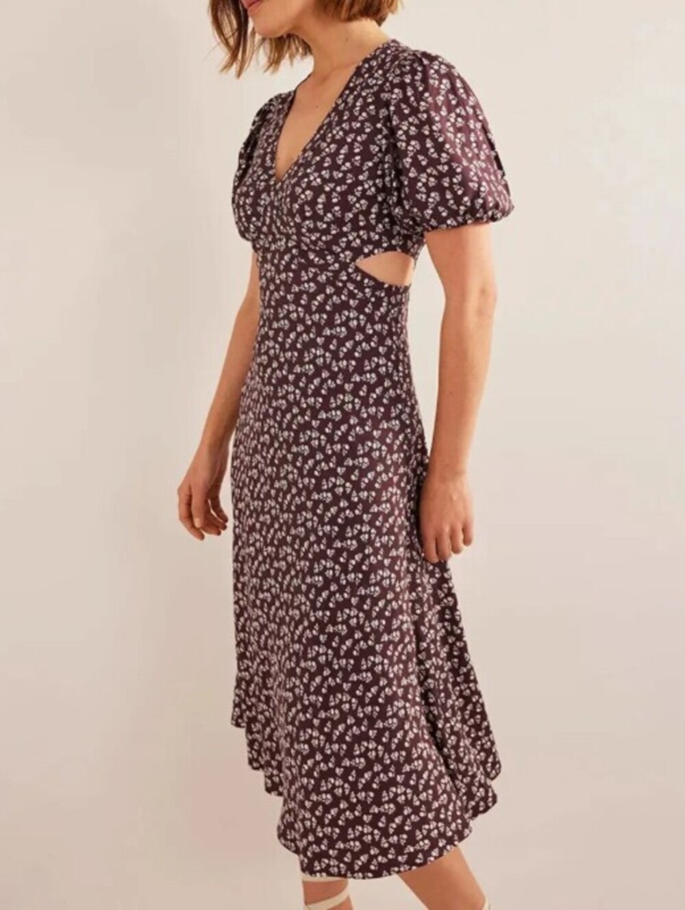 BODEN Burgundy & White Floral Daisy Cut Out Midi Tea Dress - Size - 6